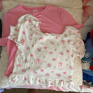 Charming Pink and White Floral Kids Tee Set